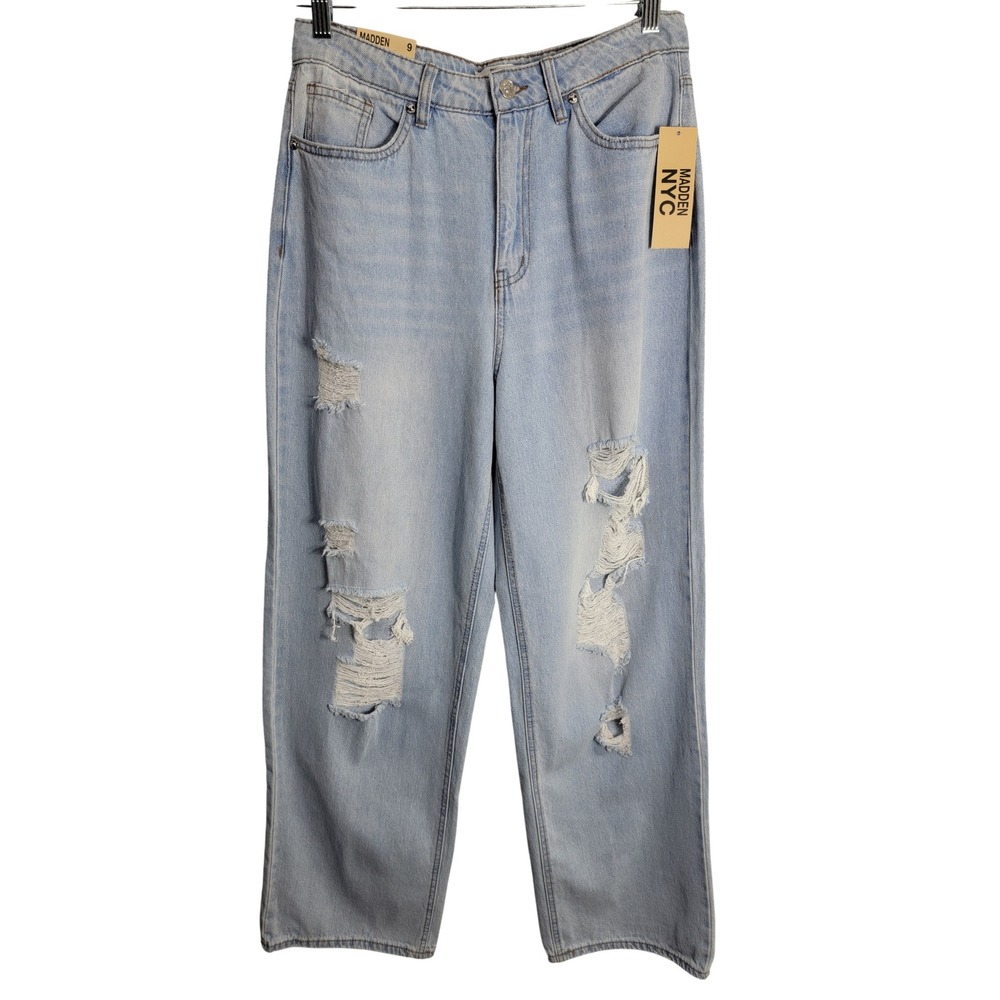 Madden NYC Womens Size 9 90s Fit Jeans Light Wash Blue Ripped High Rise Baggy